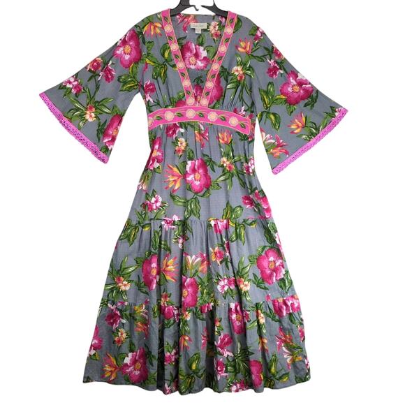 Charlie Paige Floral Tiered Maxi Dress Sz S Embroidered Lace Trim Flared Sleeve - Picture 1 of 10